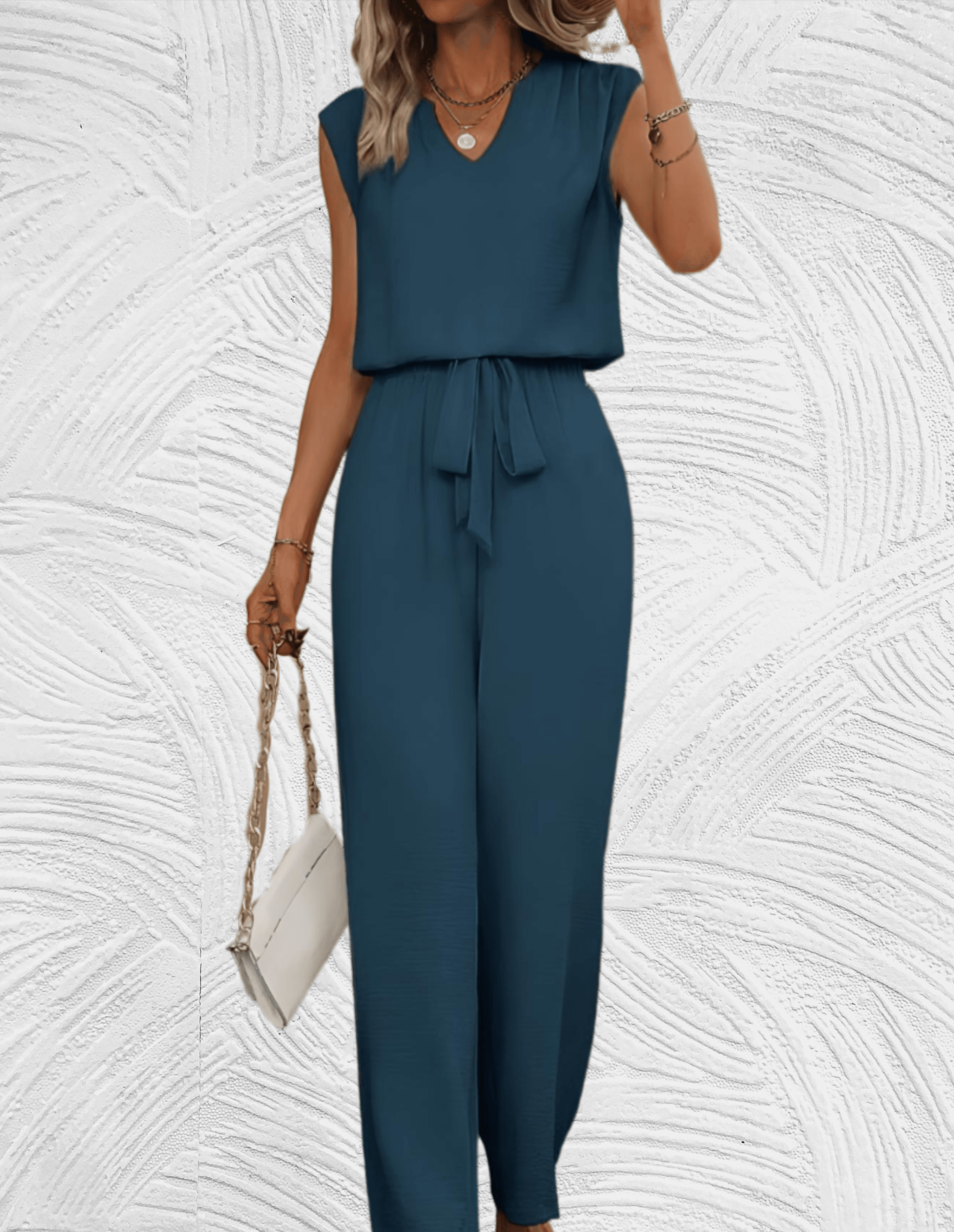 Ashlea - Simpele 2-delige set met mouwloze top met lage v hals en bijpassende broek met ribbels en hoge taille - Miller-Mode