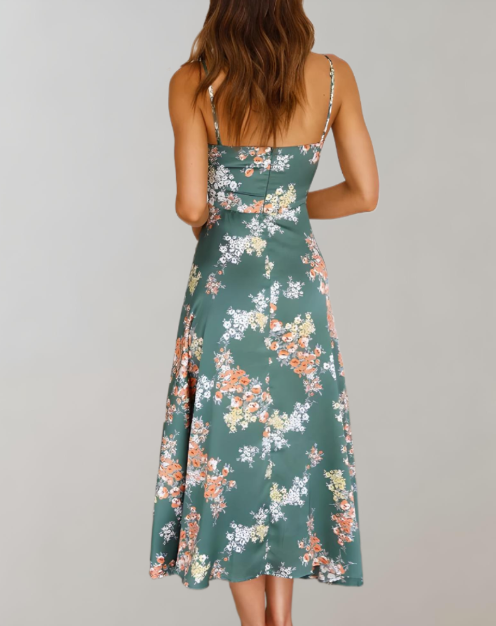 midi-jurk met spaghettibandjes en elegante bloemenprint, diepe V-hals, U-rug en split